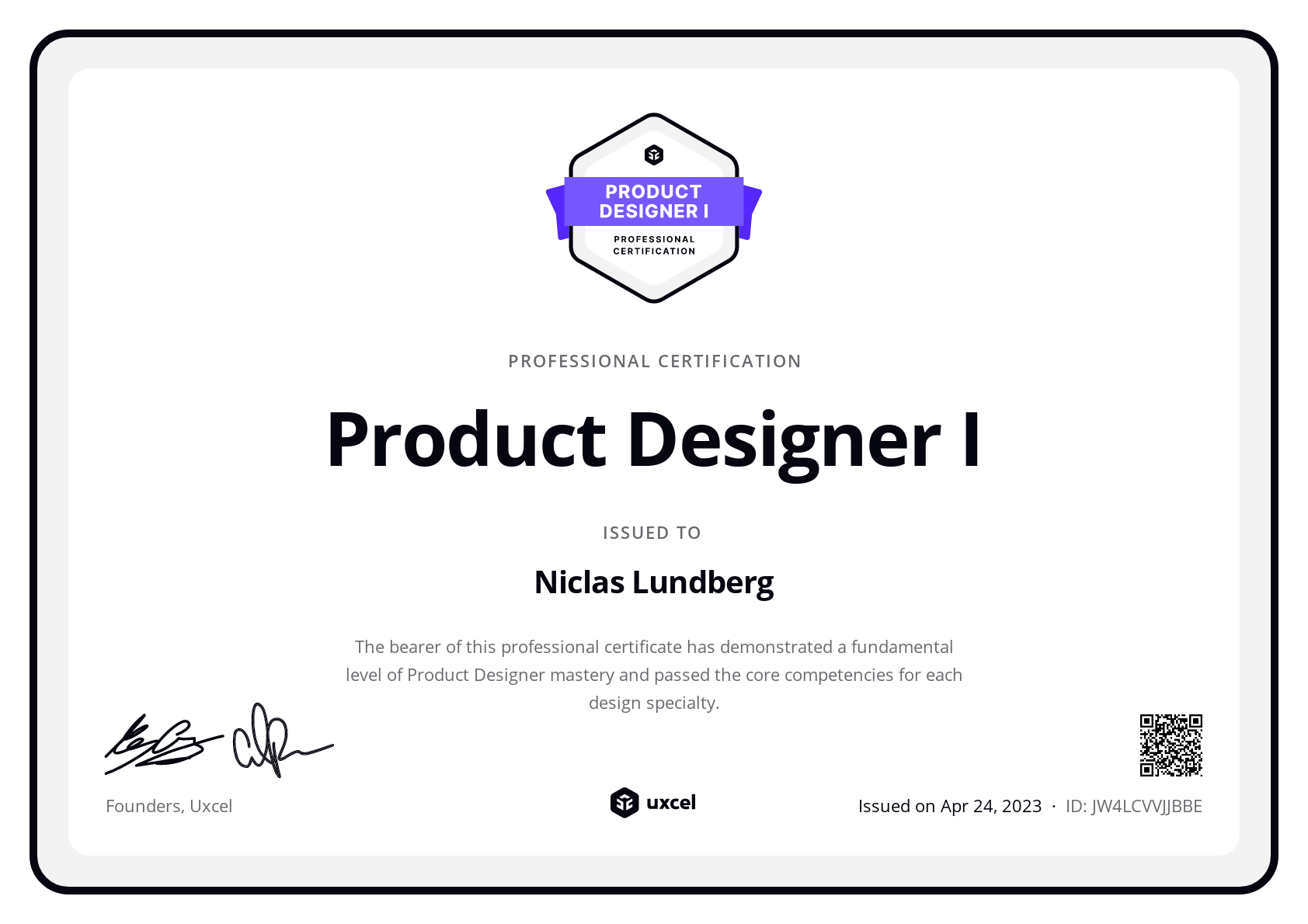 Niclas Lundberg's certificate